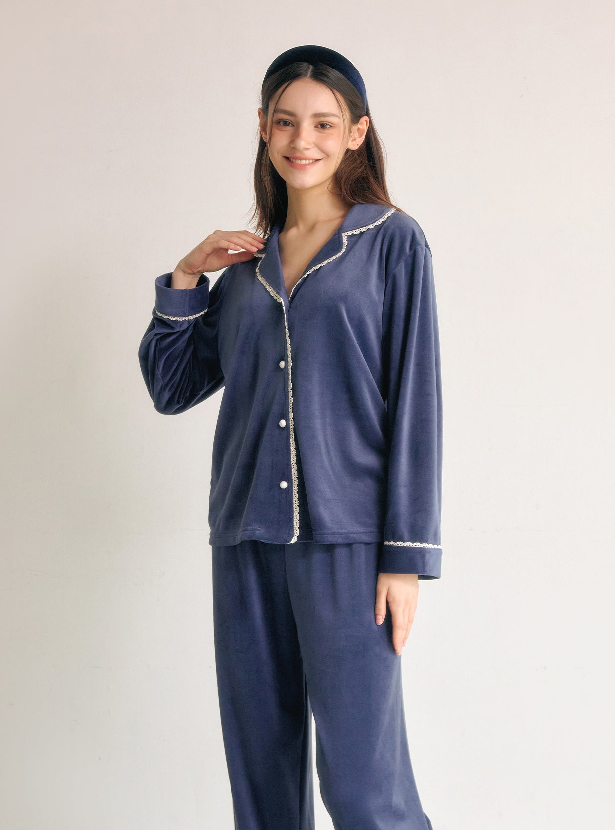 Ronique Minky Span Long - Sleeve Notched Collar Pajama Set (2 Colors) - premium Korean sleepwear by LUNALUZ