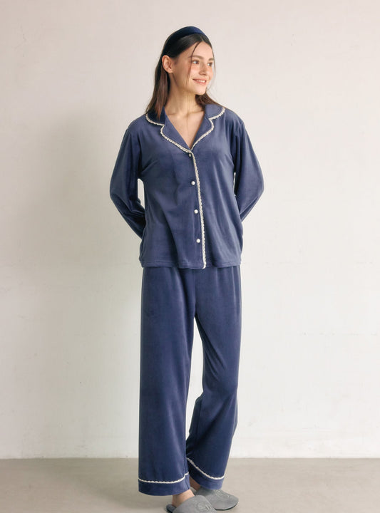 Ronique Minky Span Long - Sleeve Notched Collar Pajama Set (2 Colors) - premium Korean sleepwear by LUNALUZ