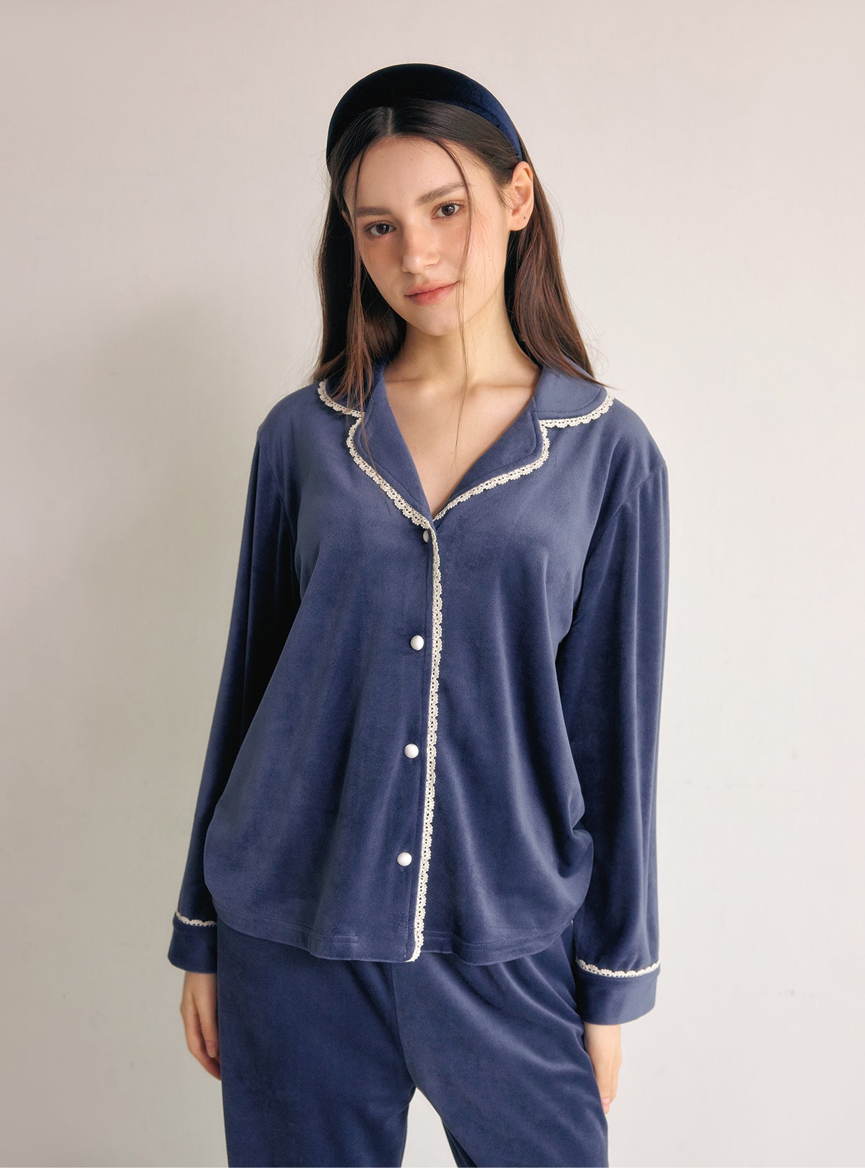 Ronique Minky Span Long - Sleeve Notched Collar Pajama Set (2 Colors) - premium Korean sleepwear by LUNALUZ