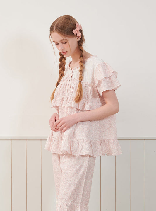 Saffron Round - Neck Short - Sleeve Pajama Set - premium Korean sleepwear by LUNALUZ