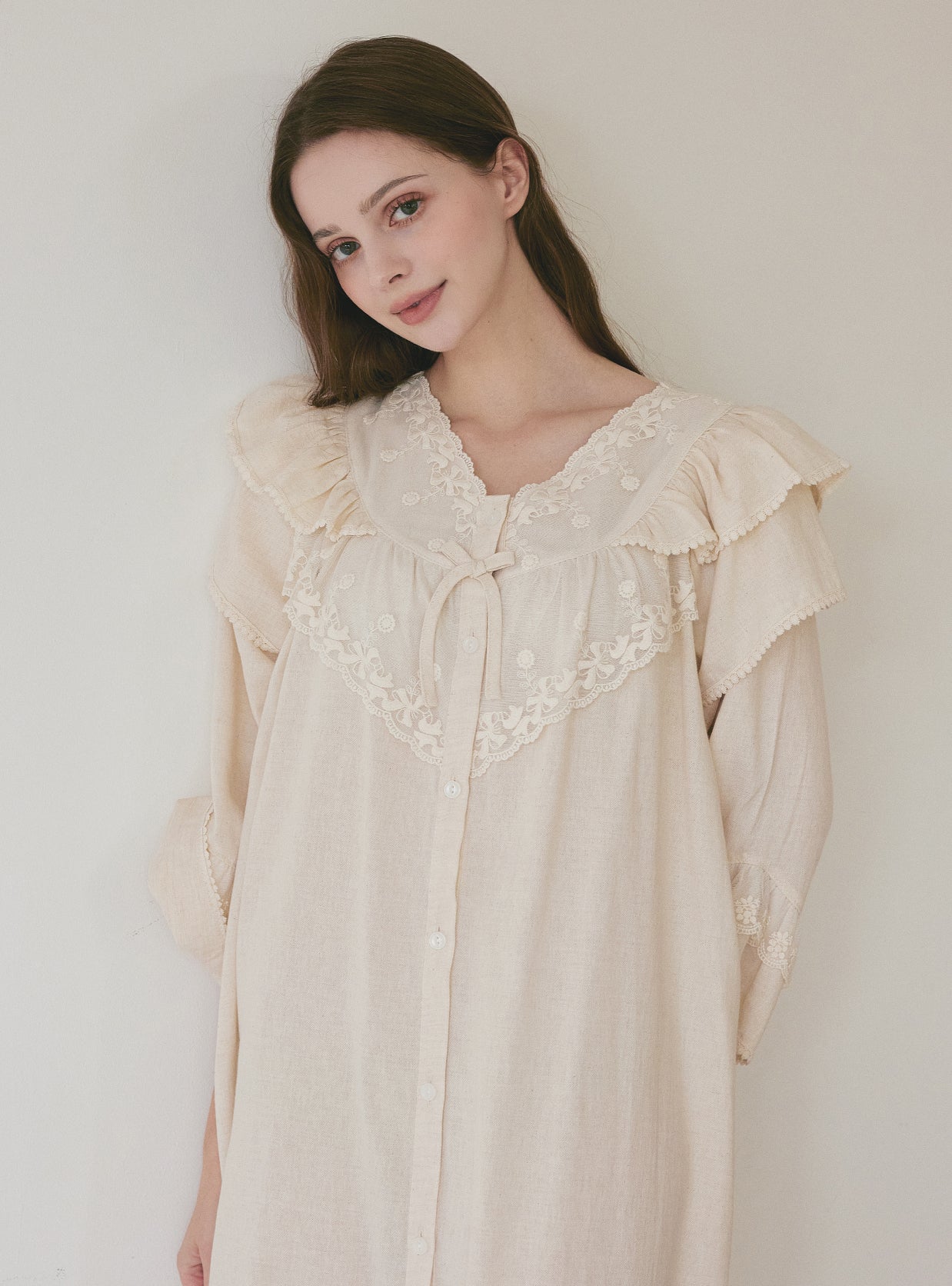 Tea Time Cotton V - Neck Long - Sleeve Nightdress - premium Korean sleepwear by LUNALUZ