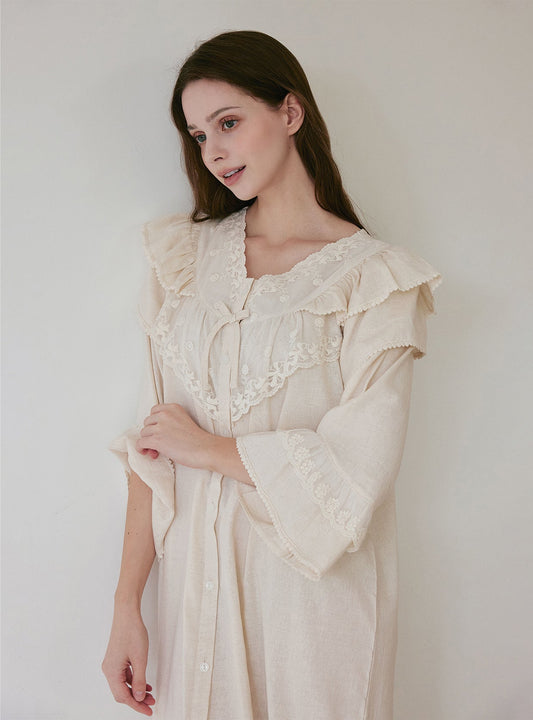 Tea Time Cotton V - Neck Long - Sleeve Nightdress - premium Korean sleepwear by LUNALUZ