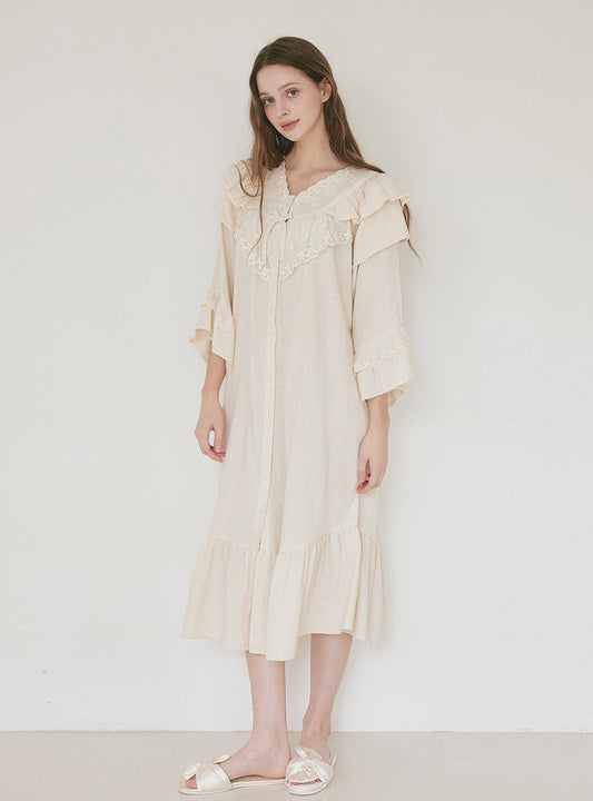 Tea Time Cotton V - Neck Long - Sleeve Nightdress - premium Korean sleepwear by LUNALUZ