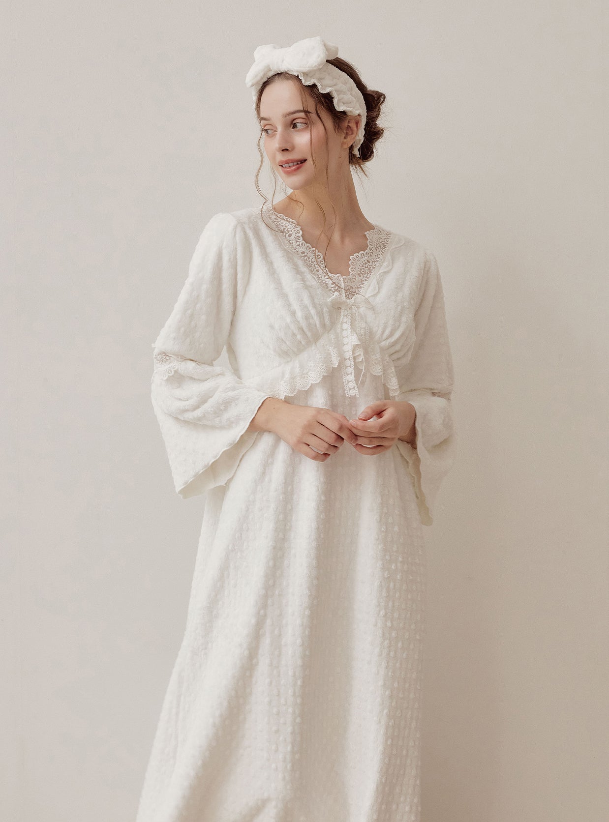 Teresa Embossed Microfleece Long - Sleeve Nightdress - premium Korean sleepwear by LUNALUZ