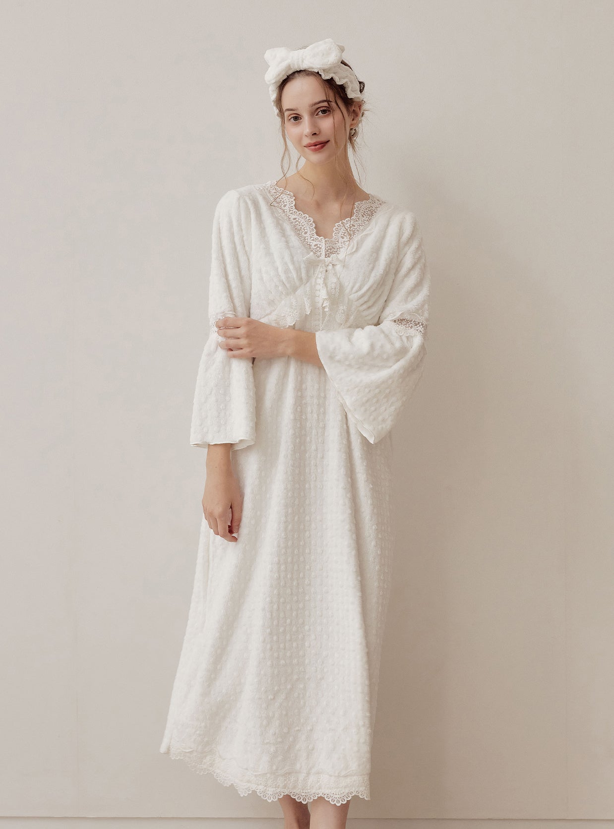 Teresa Embossed Microfleece Long - Sleeve Nightdress - premium Korean sleepwear by LUNALUZ