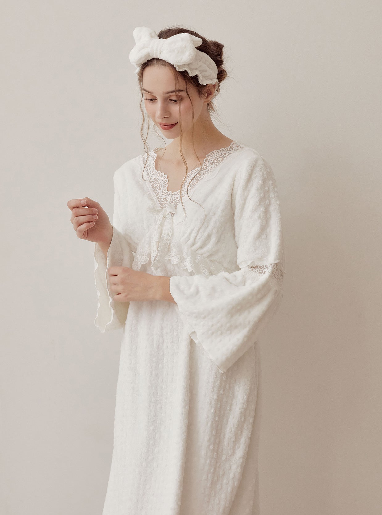 Teresa Embossed Microfleece Long - Sleeve Nightdress - premium Korean sleepwear by LUNALUZ