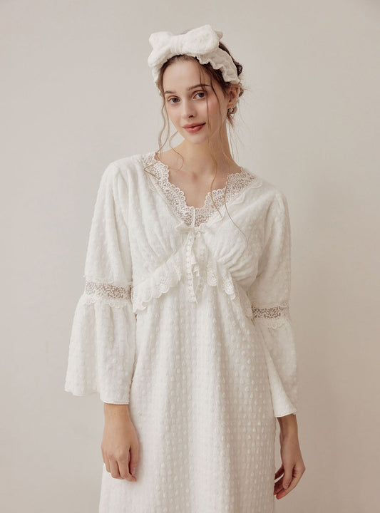 Teresa Embossed Microfleece Long - Sleeve Nightdress - premium Korean sleepwear by LUNALUZ