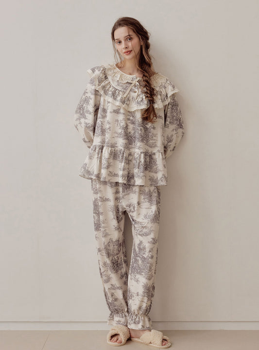 Verona Stretch Round - Neck Pajama Set – Cream Toile - premium Korean sleepwear by LUNALUZ