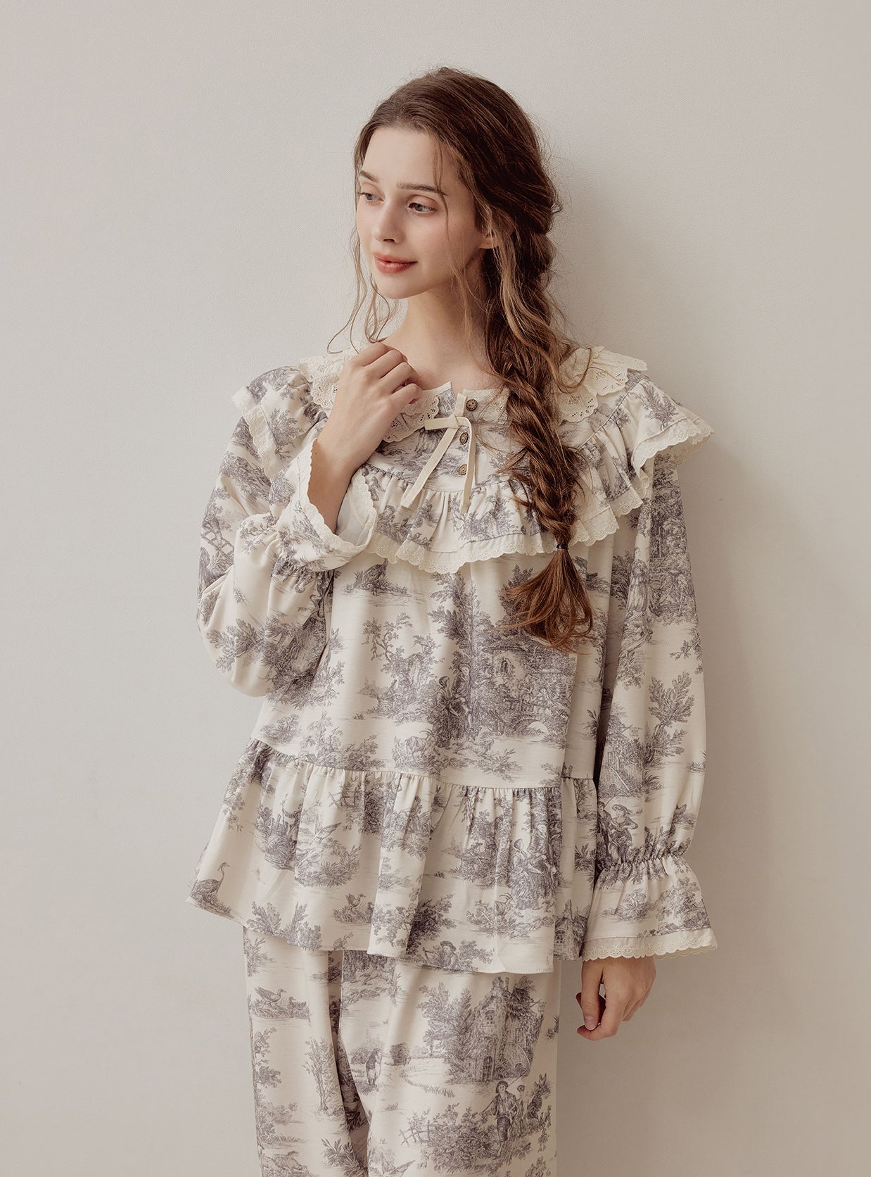 Verona Stretch Round - Neck Pajama Set – Cream Toile - premium Korean sleepwear by LUNALUZ