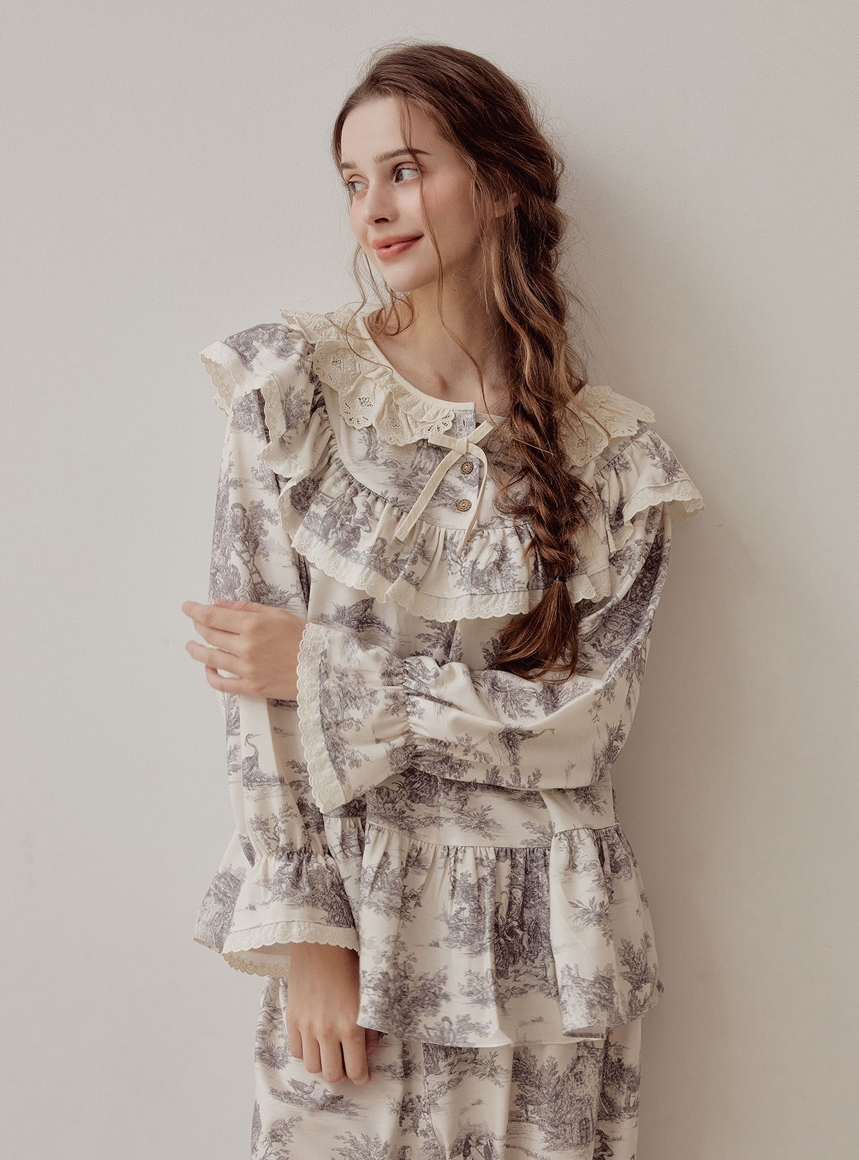 Verona Stretch Round - Neck Pajama Set – Cream Toile - premium Korean sleepwear by LUNALUZ