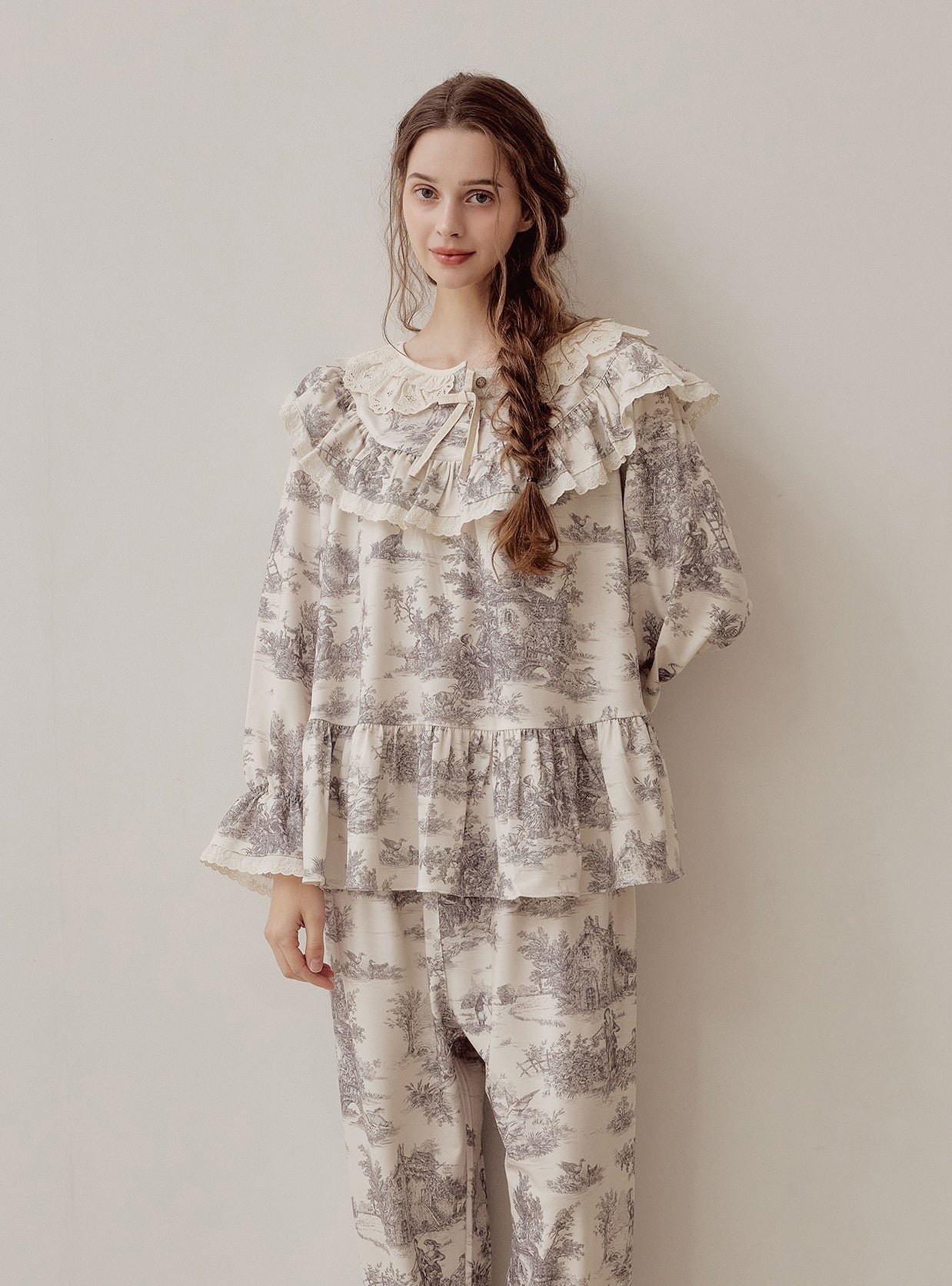 Verona Stretch Round - Neck Pajama Set – Cream Toile - premium Korean sleepwear by LUNALUZ