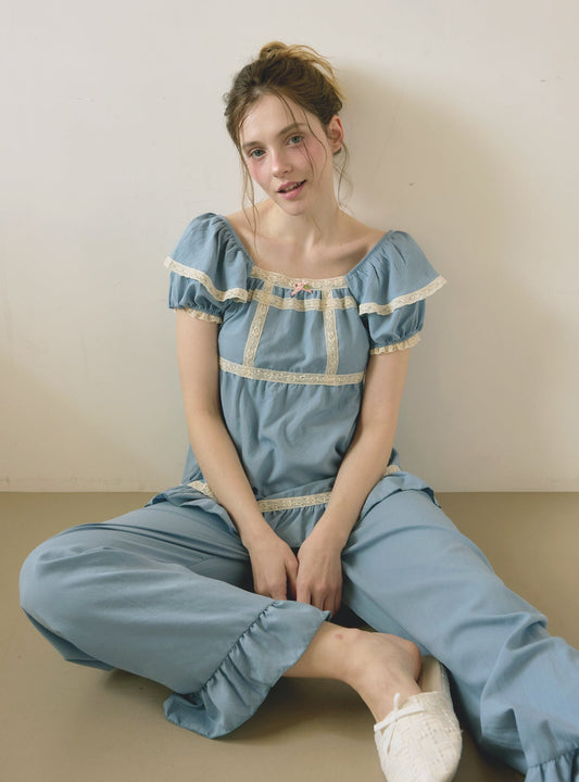 Veronia Sandwashed Square Neck Short Sleeve Pajama Set - premium Korean sleepwear by LUNALUZ