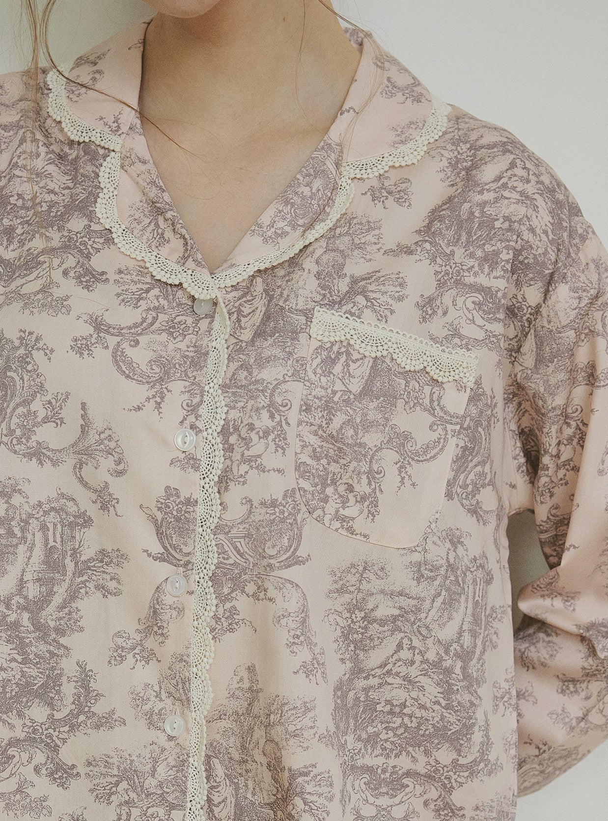 Versailles Modal Cotton Lace - Collar Pajama Set - premium Korean sleepwear by LUNALUZ