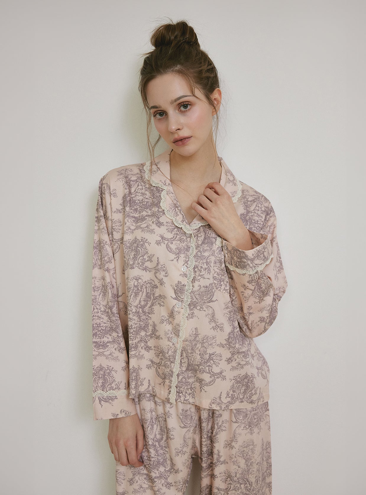 Versailles Modal Cotton Lace - Collar Pajama Set - premium Korean sleepwear by LUNALUZ