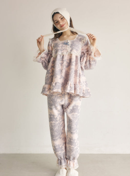 Villeroy Fleece Long - Sleeve Square - Neck Pajama Set - premium Korean sleepwear by LUNALUZ