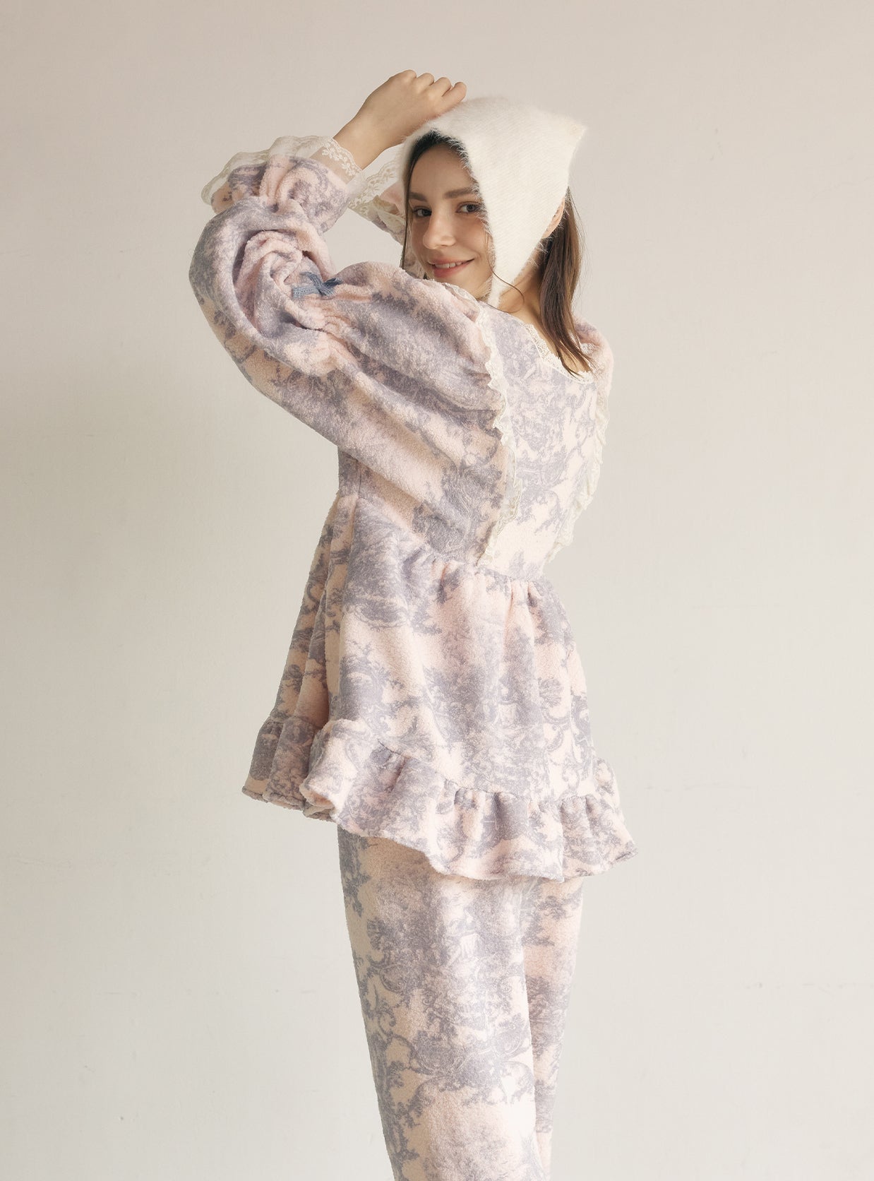 Villeroy Fleece Long - Sleeve Square - Neck Pajama Set - premium Korean sleepwear by LUNALUZ