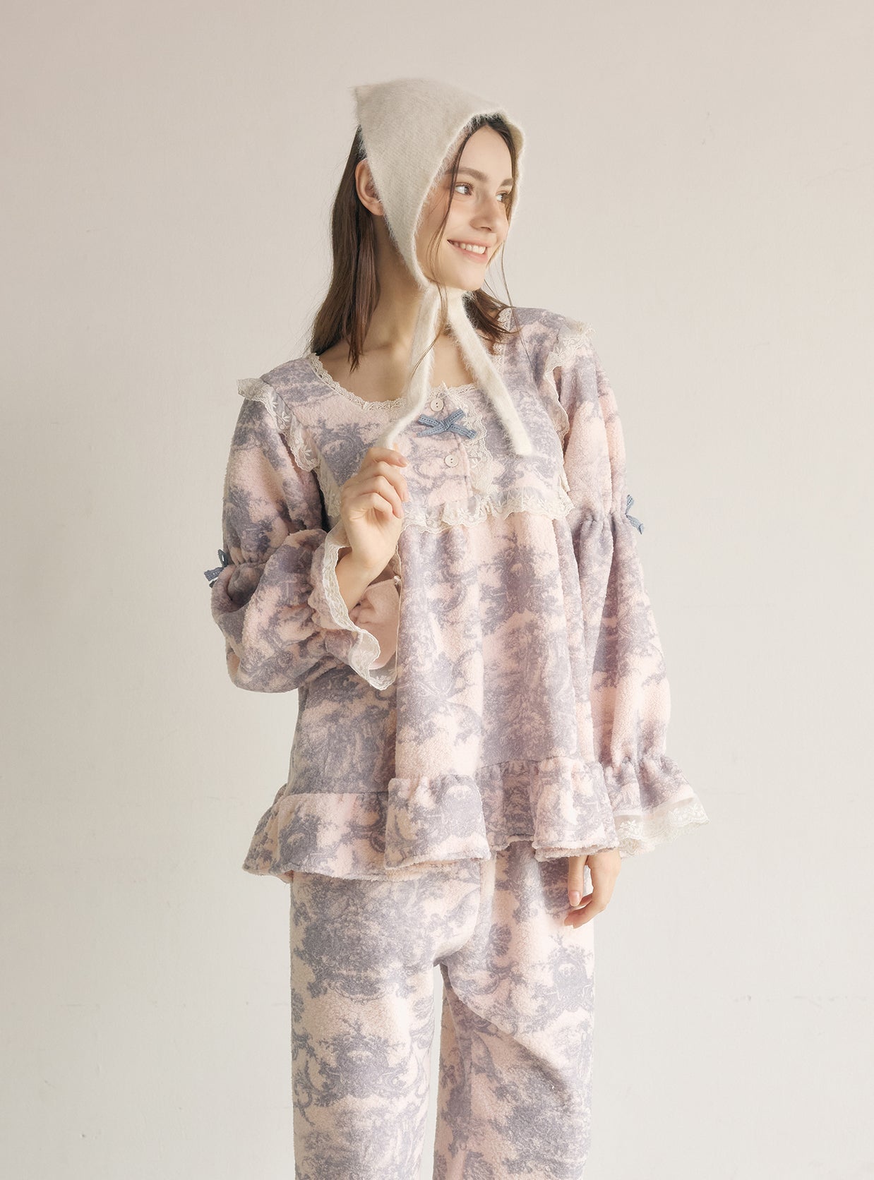 Villeroy Fleece Long - Sleeve Square - Neck Pajama Set - premium Korean sleepwear by LUNALUZ