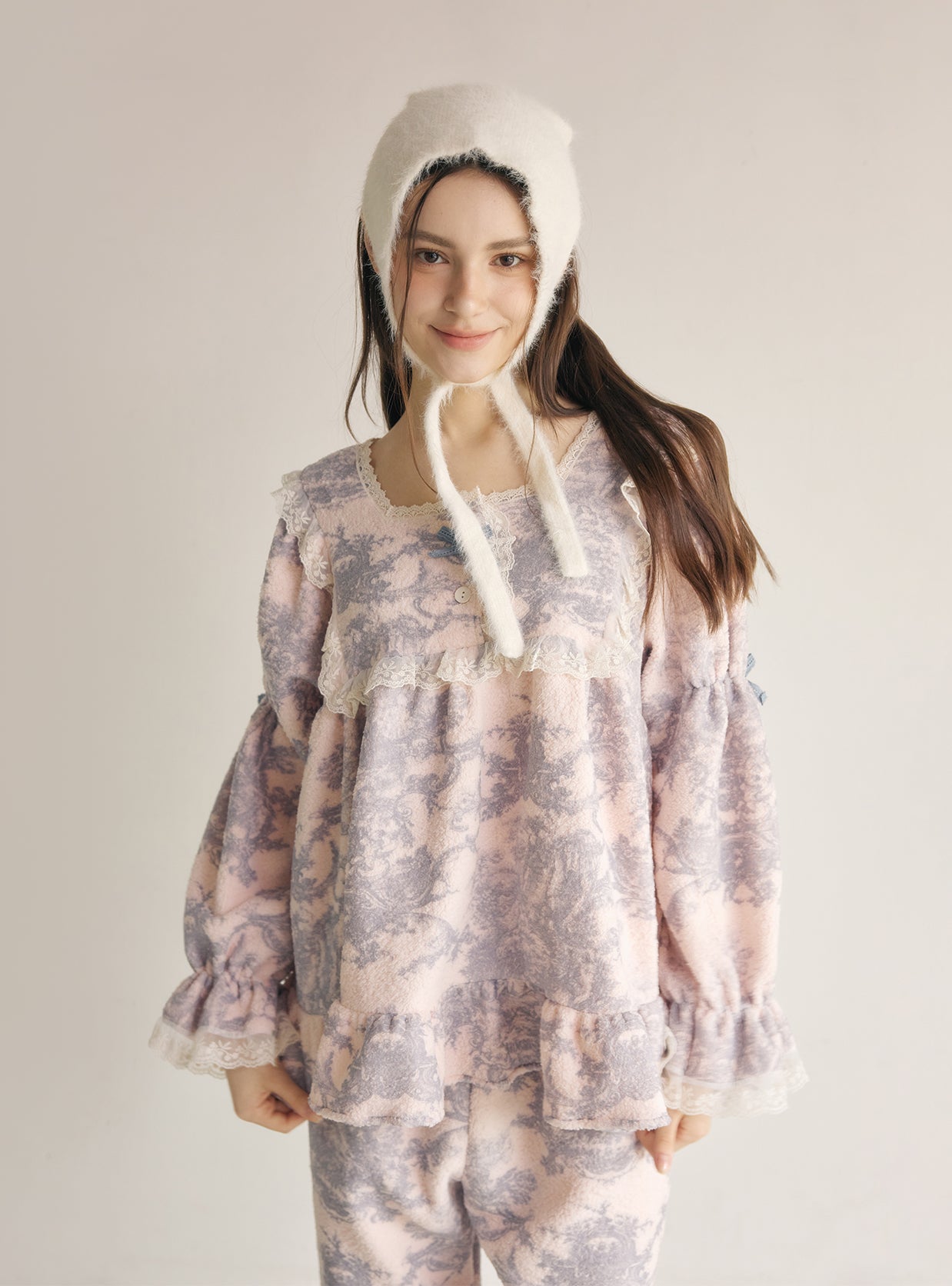 Villeroy Fleece Long - Sleeve Square - Neck Pajama Set - premium Korean sleepwear by LUNALUZ