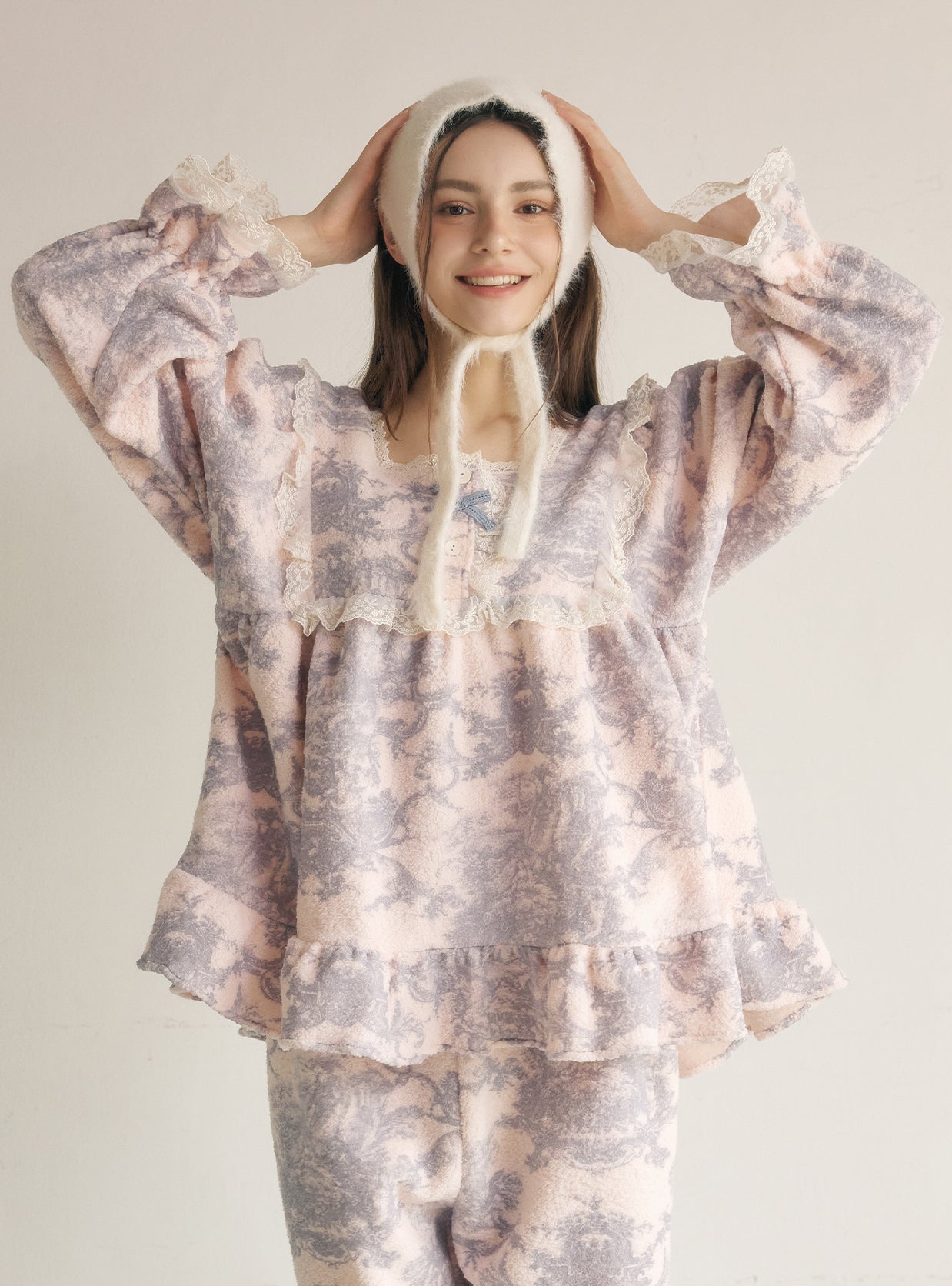 Villeroy Fleece Long - Sleeve Square - Neck Pajama Set - premium Korean sleepwear by LUNALUZ